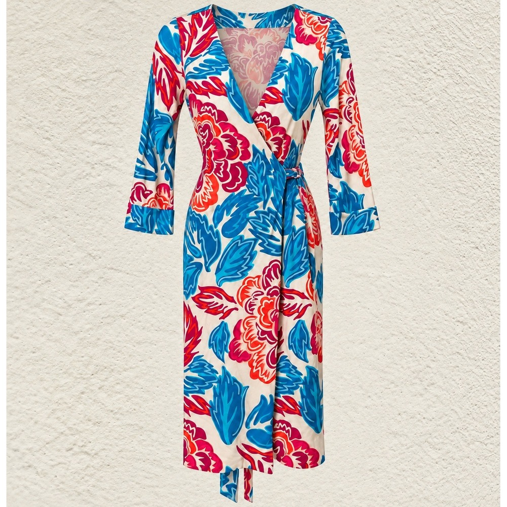 Diane von Furstenberg Julian Silk Jersey Wrap Dress Floral Blue Pink White 14